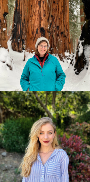 Two stacked profile pictures- the top photo is of Alex White standing in front of a red wood with snow on the ground, the bottom photo is of Annalise Kane standing outdoors in front of some green shrubs