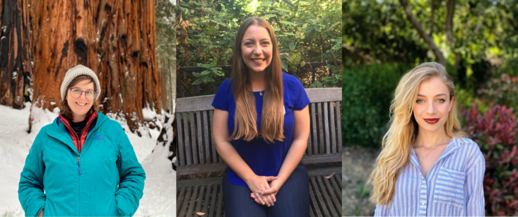 Three profile pictures- the left photo is Alex White standing in front of a red wood with snow on the ground, the middle photo is Elizabeth Hann sitting outside on a bench, the right photo is of Annalise Kane standing outdoors in front of green shrubs